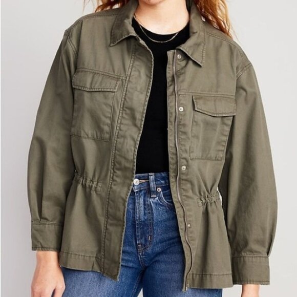 Old Navy Women's Plus Size 3X  Cotton Anorak Jacket Drawstring Waist Olive NWT - Picture 1 of 7